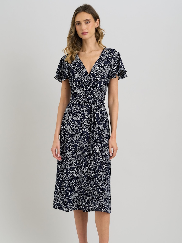 Gina Bacconi Blue Persia Faux Wrap Flutter Sleeve Dress - Image 1 of 7