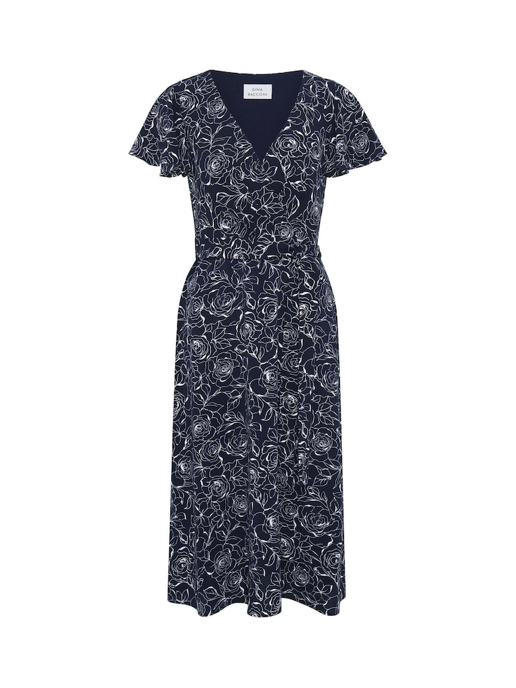 Gina Bacconi Blue Persia Faux Wrap Flutter Sleeve Dress - Image 7 of 7