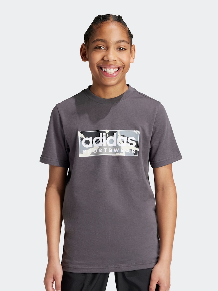 adidas Khaki Green Kids Sportswear 100% Cotton Camo Linear Graphic T-Shirt - Image 1 of 11