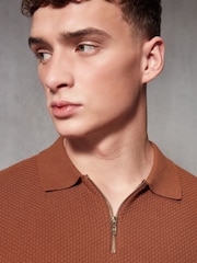 Terracotta Red Regular Fit Knitted Bubble Textured 100% Cotton Polo Shirt - Image 1 of 8