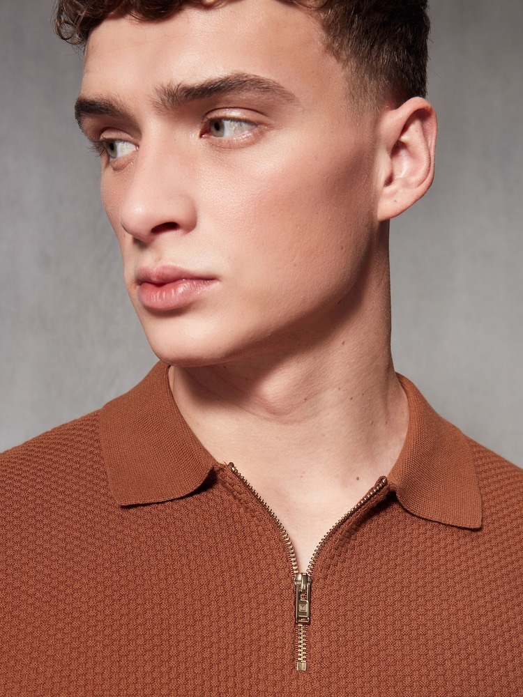 Terracotta Red Regular Fit Knitted Bubble Textured 100% Cotton Polo Shirt - Image 1 of 8