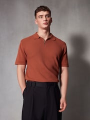 Terracotta Red Regular Fit Knitted Bubble Textured 100% Cotton Polo Shirt - Image 2 of 8