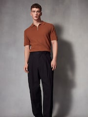 Terracotta Red Regular Fit Knitted Bubble Textured 100% Cotton Polo Shirt - Image 3 of 8