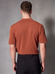 Terracotta Red Regular Fit Knitted Bubble Textured 100% Cotton Polo Shirt - Image 4 of 8