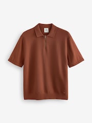 Terracotta Red Regular Fit Knitted Bubble Textured 100% Cotton Polo Shirt - Image 6 of 8