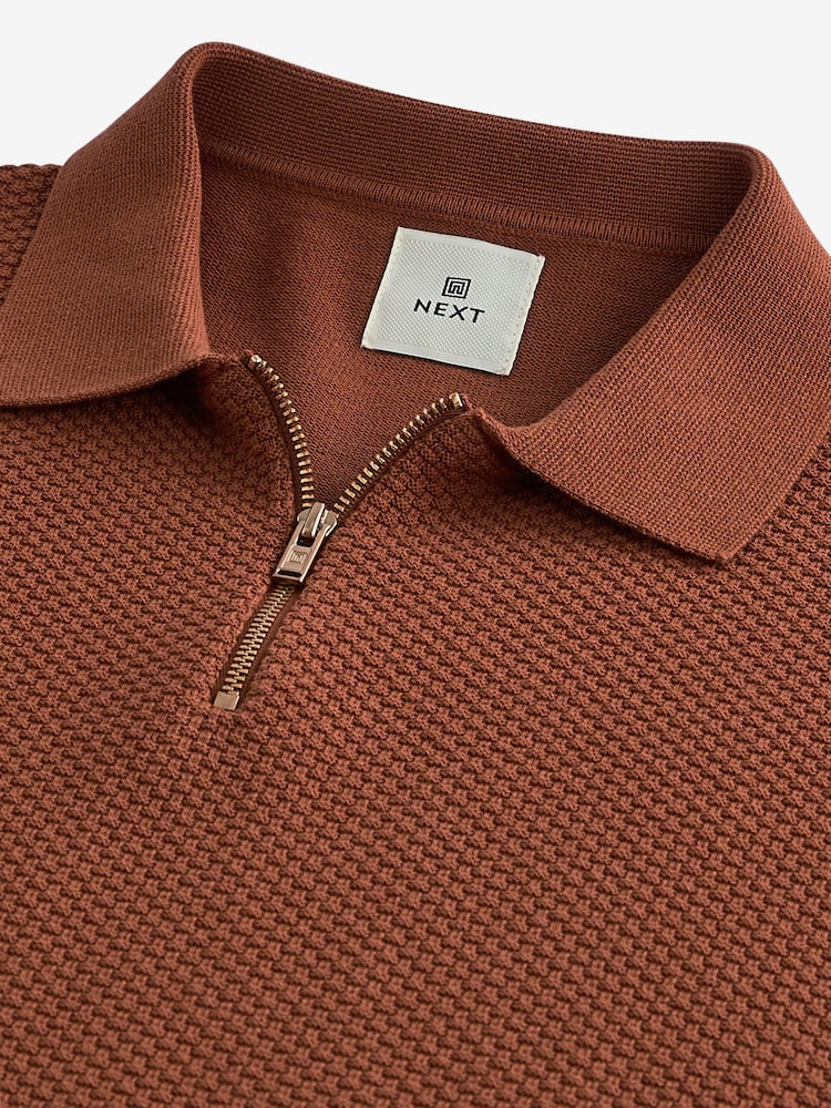 Terracotta Red Regular Fit Knitted Bubble Textured 100% Cotton Polo Shirt - Image 8 of 8