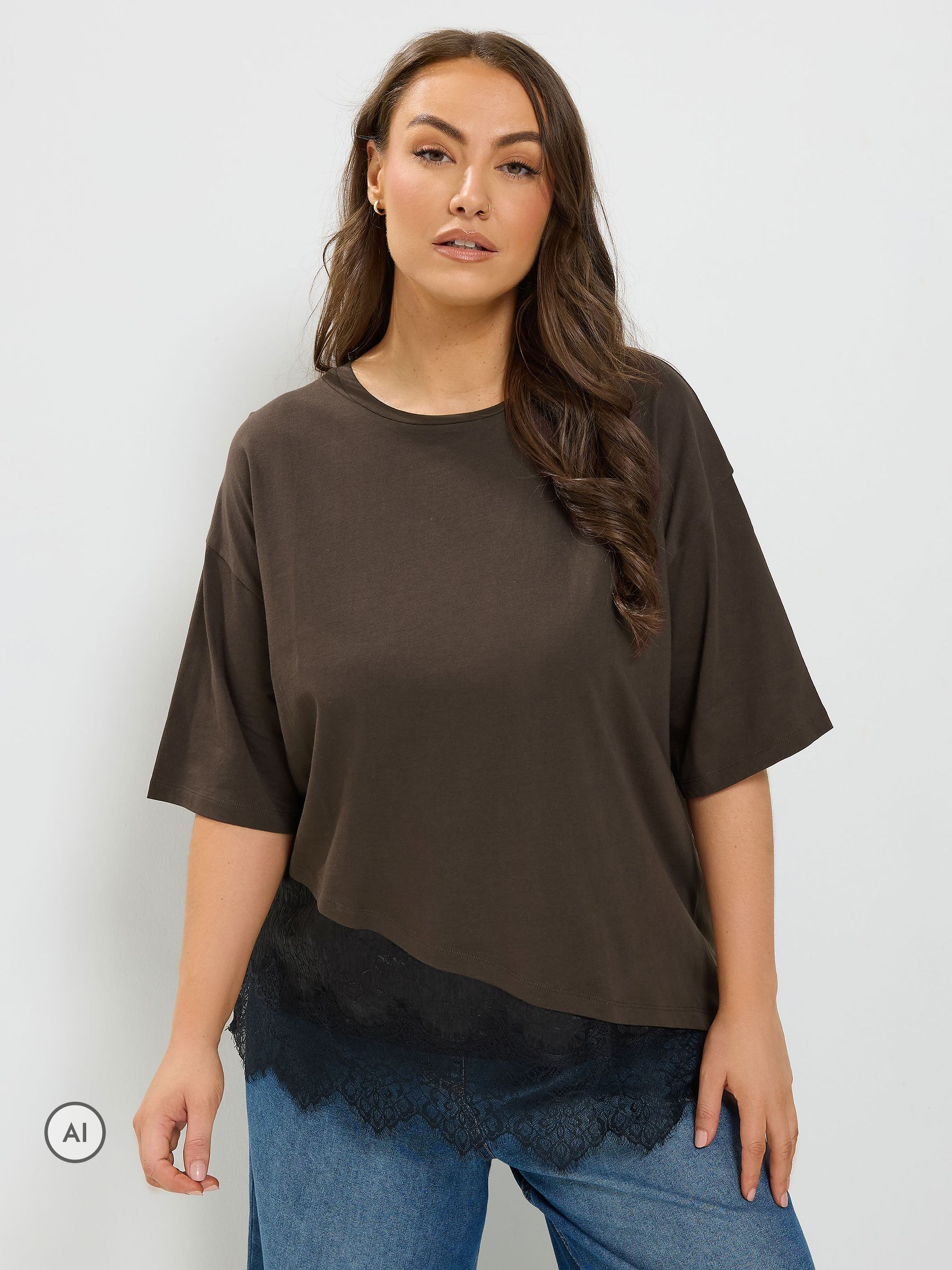 Yours Women's Asymmetric Lace Hem Cotton T-Shirt in Chocolate | Size: 30-32 - Image 2
