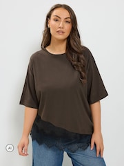 Hnědá - Yours Curve Asymmetric Satin Hem Long Sleeve T-Shirt - Obrázek 1 z 6