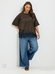 Hnědá - Yours Curve Asymmetric Satin Hem Long Sleeve T-Shirt - Obrázek 2 z 6