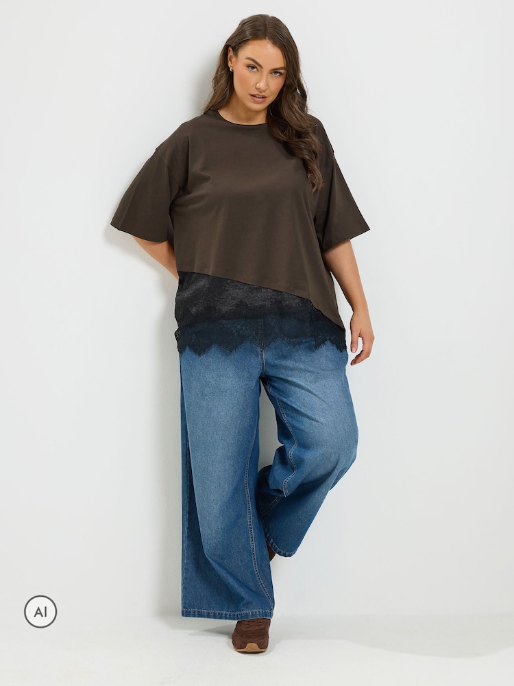 Hnědá - Yours Curve Asymmetric Satin Hem Long Sleeve T-Shirt - Obrázek 2 z 6