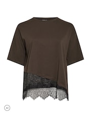 Hnědá - Yours Curve Asymmetric Satin Hem Long Sleeve T-Shirt - Obrázek 5 z 6