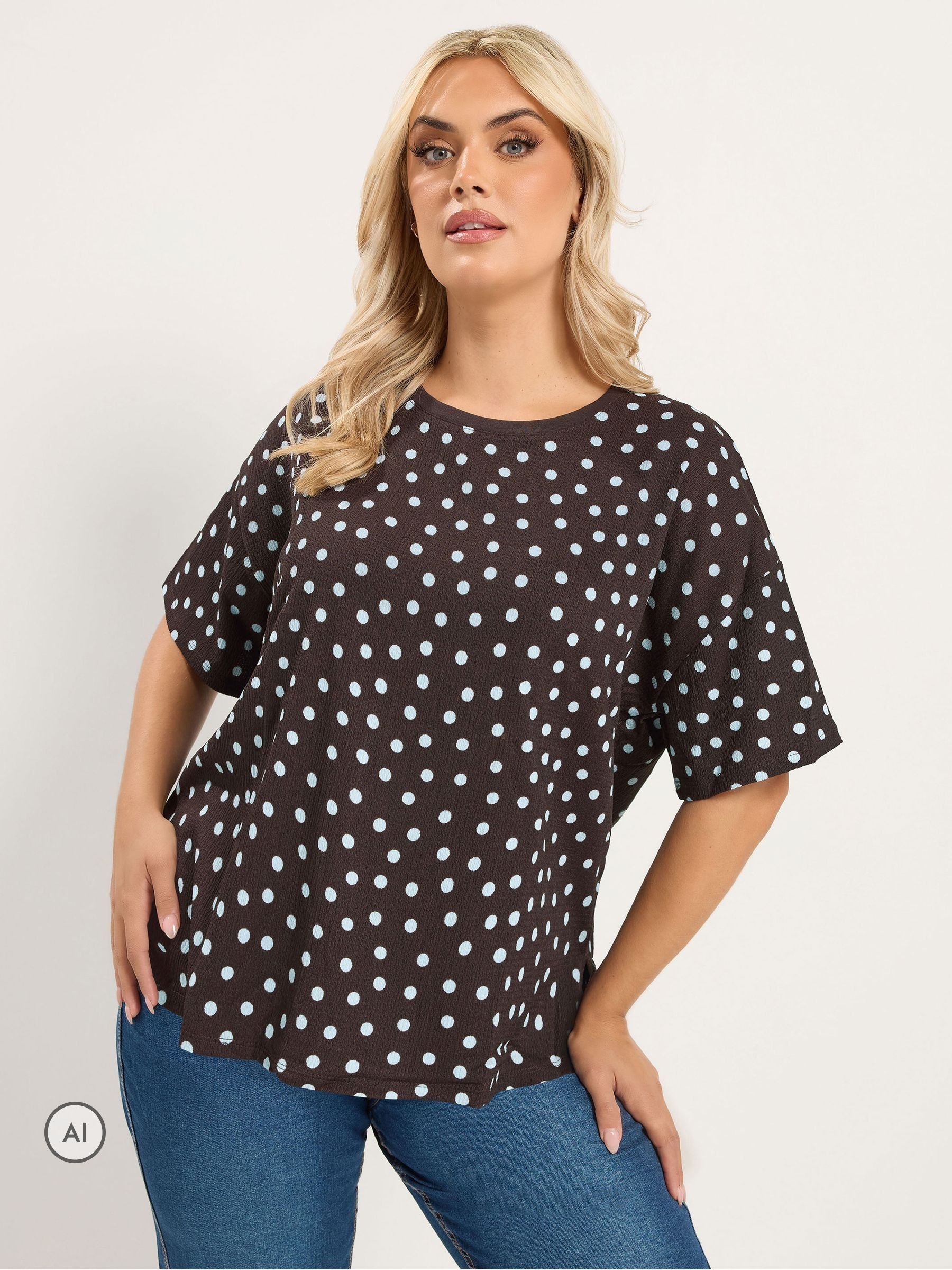 Yours Women's Chocolate Polka Dot Textured Top In | Size: 38/40 - Image 2