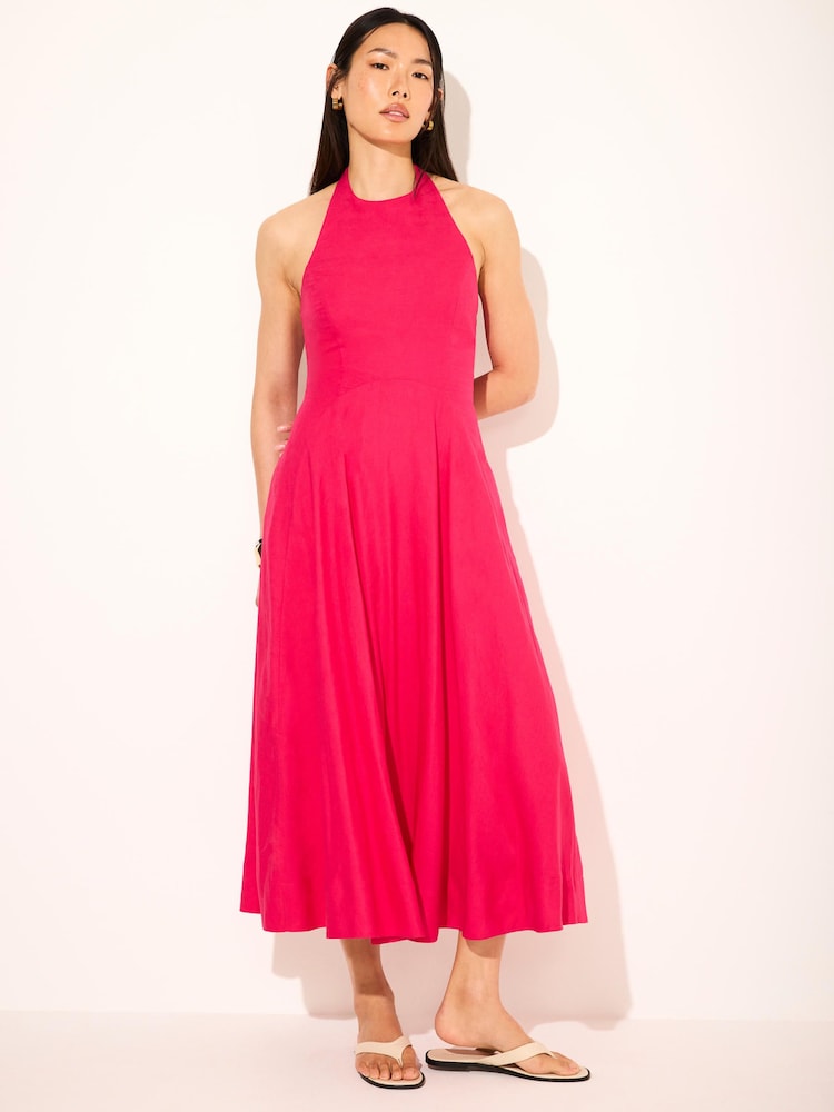 Mint Velvet Pink Linen Blend Halter Midi Dress - Image 1 of 7 Mint Velvet Pink Linen Blend Halter Midi Dress - Image 1 of 7