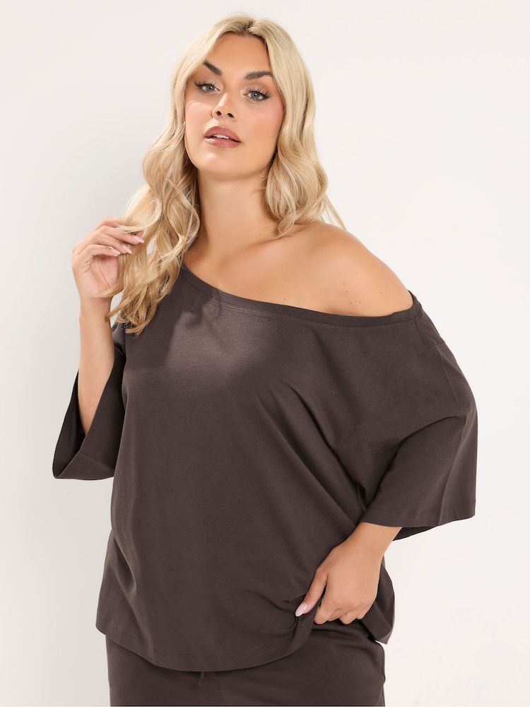 Yours Curve Brown Off Shoulder T-Shirt - Image 1 of 6 Yours Curve Brown Off Shoulder T-Shirt - Image 1 of 6