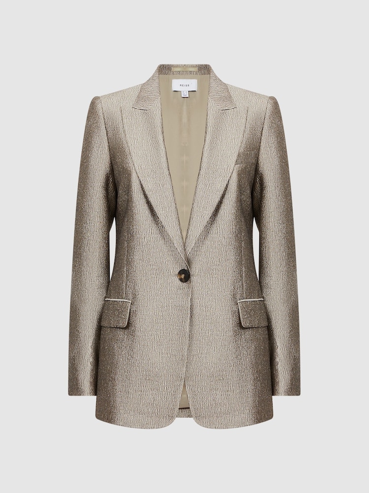Reiss Gold Mimi Metallic Single Breasted Blazer - Image 2 of 5