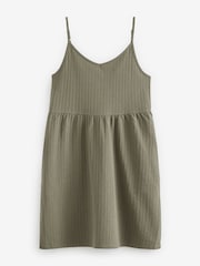 Khaki Green Cotton Seersucker Mini V-Neck Cami Summer Dress - Image 4 of 4