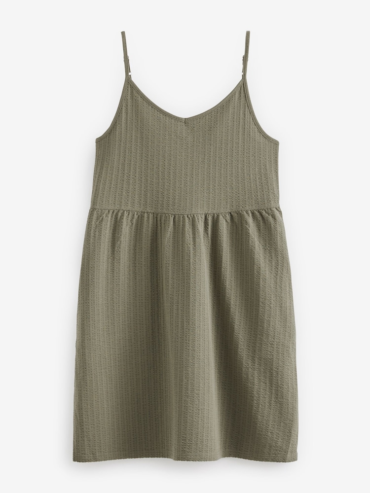 Khaki Green Cotton Seersucker Mini V-Neck Cami Summer Dress - Image 4 of 4 Khaki Green Cotton Seersucker Mini V-Neck Cami Summer Dress - Image 4 of 4