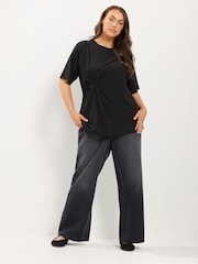 Yours Curve Black Twist Front T-Shirt - Image 2 of 6