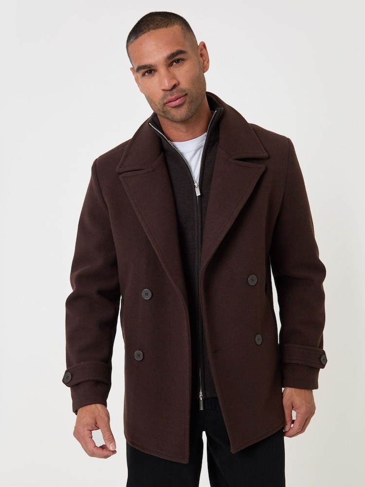 Threadbare Brown Faux Wool Double Breasted Short Trench Coat - Image 1 of 5 Threadbare Brown Faux Wool Double Breasted Short Trench Coat - Image 1 of 5