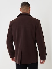 Threadbare Brown Faux Wool Double Breasted Short Trench Coat - Image 2 of 5