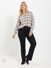 Yours Curve Navy Blue Check Button Through Tie Top - Image 3 of 7