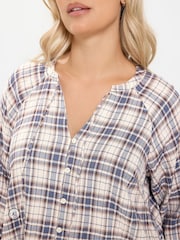 Yours Curve Navy Blue Check Button Through Tie Top - Image 4 of 7