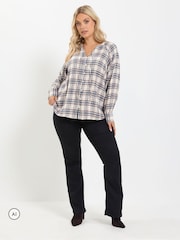 Yours Curve Navy Blue Check Button Through Tie Top - Image 5 of 7