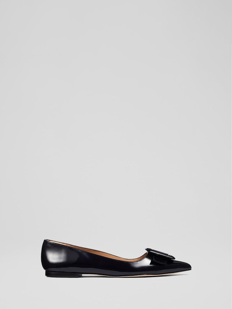 LK Bennett Black Patent Leather Devon Buckle Detail Flats - Image 1 of 4