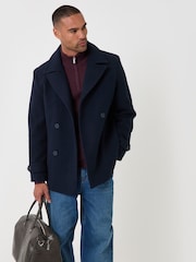 Threadbare Blue Faux Wool Double Breasted Short Trench Coat - Image 1 of 5
