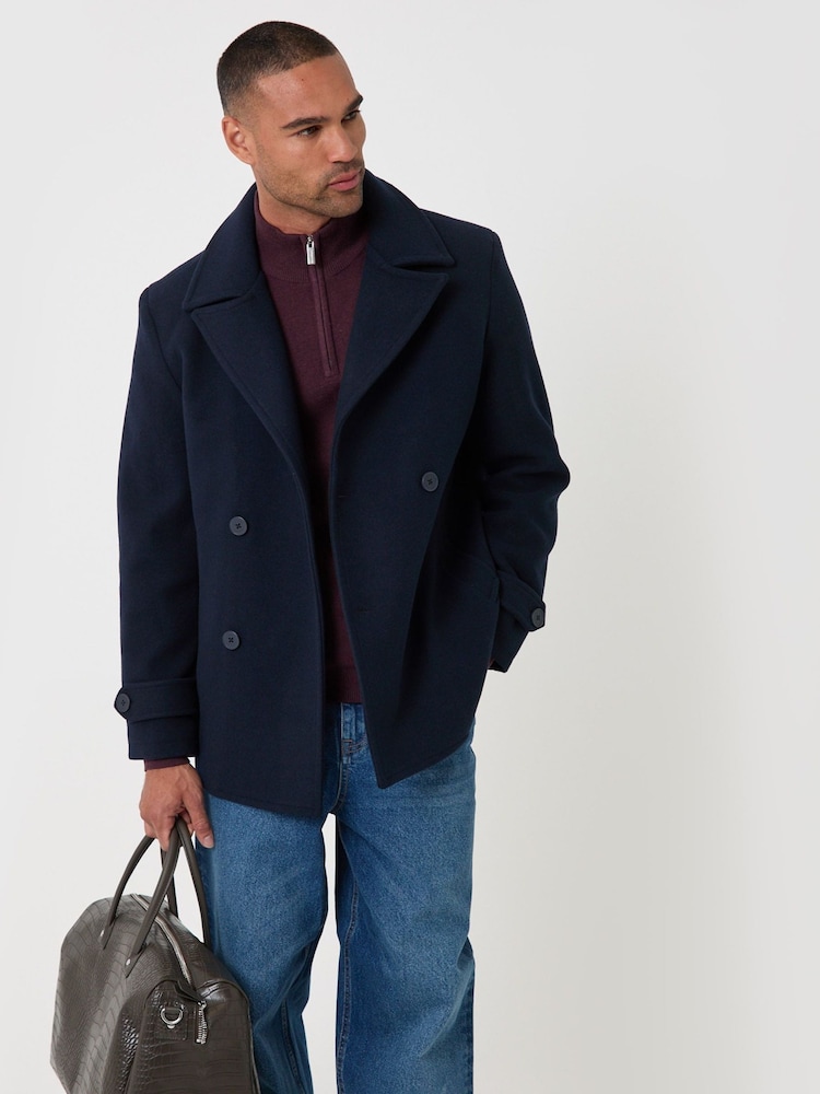 Threadbare Blue Faux Wool Double Breasted Short Trench Coat - Image 1 of 5 Threadbare Blue Faux Wool Double Breasted Short Trench Coat - Image 1 of 5
