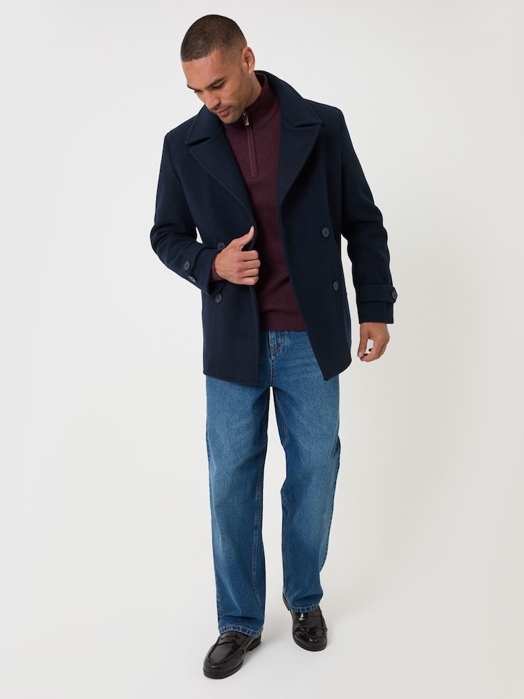 Threadbare Blue Faux Wool Double Breasted Short Trench Coat - Image 5 of 5 Threadbare Blue Faux Wool Double Breasted Short Trench Coat - Image 5 of 5