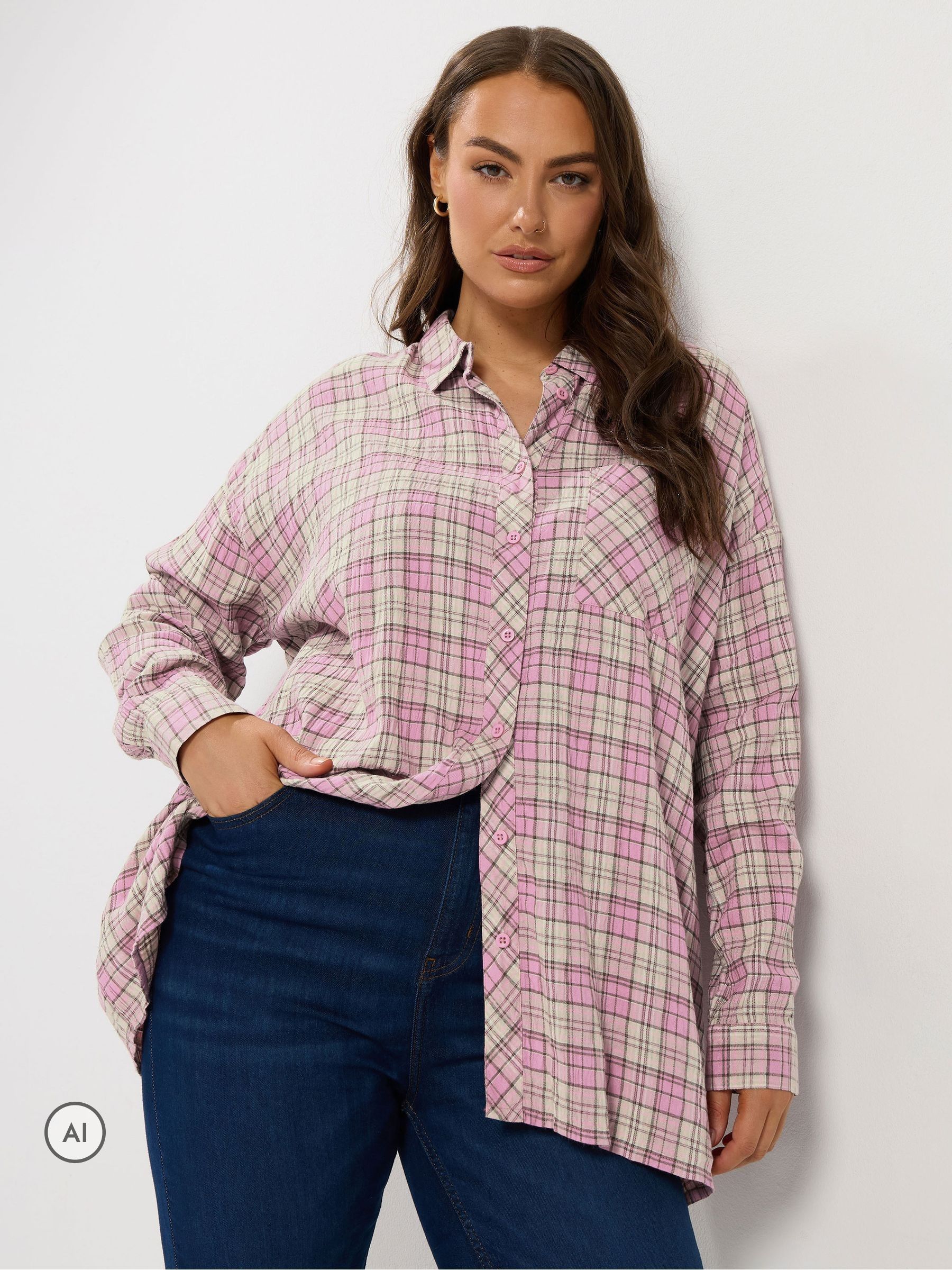 Yours Curve Women's Pink Check Button Through Tie Top - Image 1