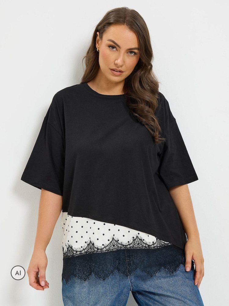 Černý - Yours Curve Asymmetric Satin Hem Long Sleeve T-Shirt - Obrázek 1 z 6