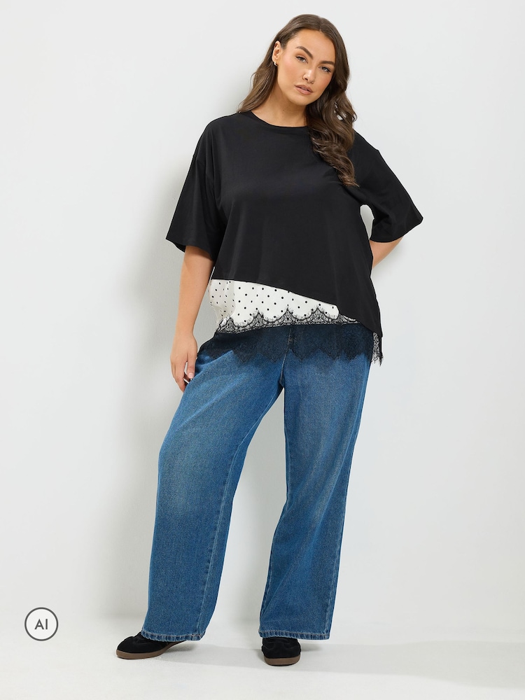 Černý - Yours Curve Asymmetric Satin Hem Long Sleeve T-Shirt - Obrázek 2 z 6
