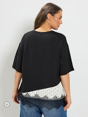 Černý - Yours Curve Asymmetric Satin Hem Long Sleeve T-Shirt - Obrázek 3 z 6