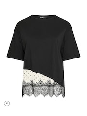 Černý - Yours Curve Asymmetric Satin Hem Long Sleeve T-Shirt - Obrázek 5 z 6