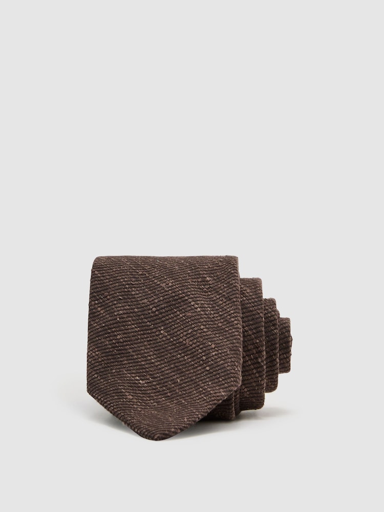 Reiss Chocolate Brown Ermo Silk-Blend Slub Textured Tie - Image 1 of 5 Reiss Chocolate Brown Ermo Silk-Blend Slub Textured Tie - Image 1 of 5