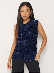 M&Co Blue Petite Sequin Velvet Cowl Neck Top - Image 1 of 6