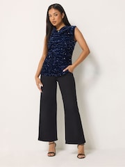 M&Co Blue Petite Sequin Velvet Cowl Neck Top - Image 2 of 6