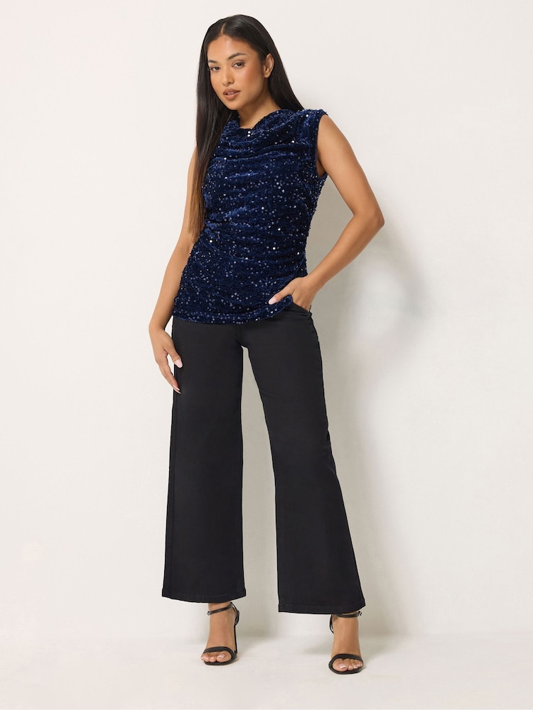 M&Co Blue Petite Sequin Velvet Cowl Neck Top - Image 2 of 6 M&Co Blue Petite Sequin Velvet Cowl Neck Top - Image 2 of 6