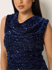 M&Co Blue Petite Sequin Velvet Cowl Neck Top - Image 4 of 6