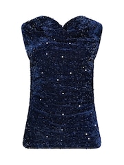 M&Co Blue Petite Sequin Velvet Cowl Neck Top - Image 5 of 6