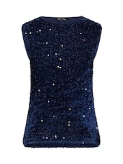 M&Co Blue Petite Sequin Velvet Cowl Neck Top - Image 6 of 6