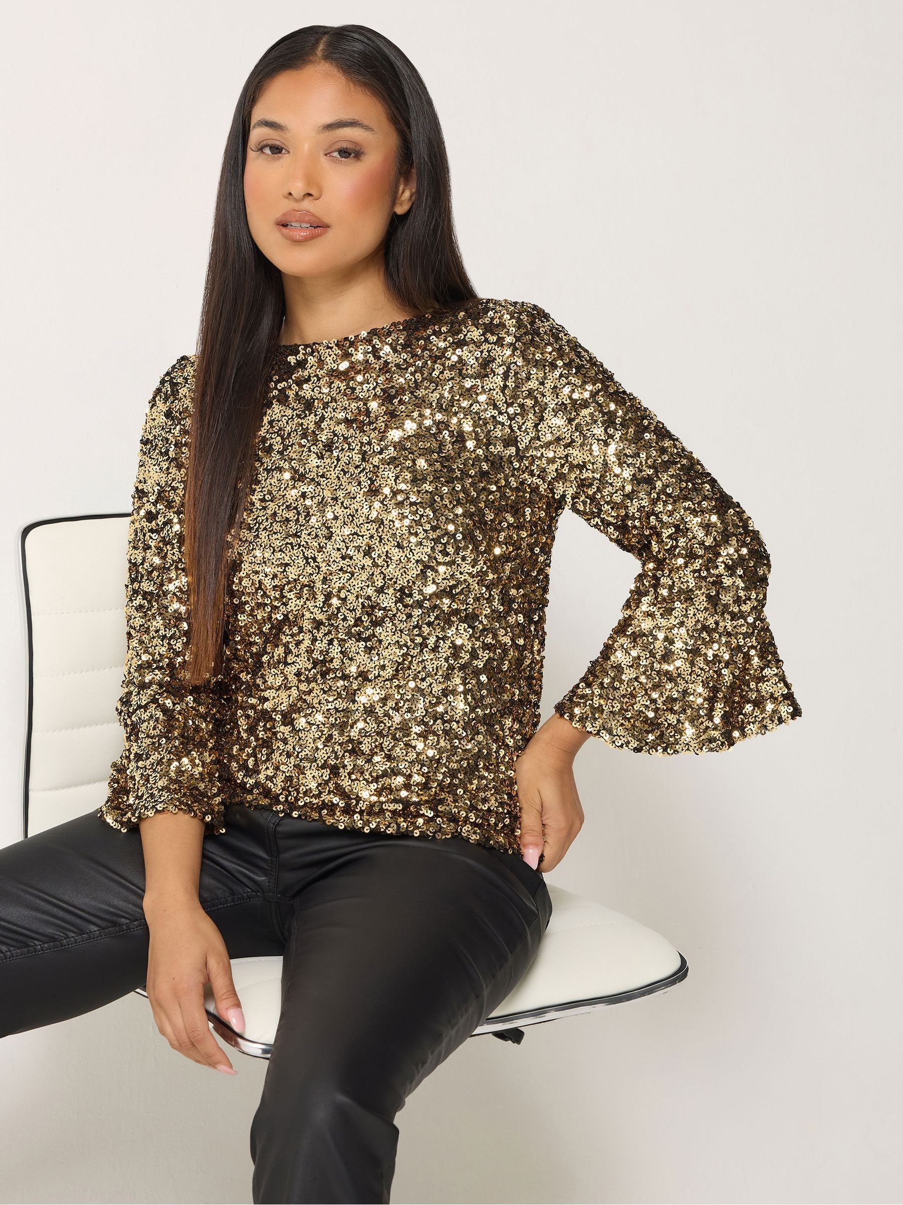 M & Co Women's Gold Petite Sequin Flute Top