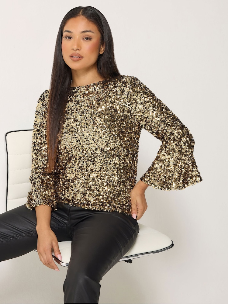 M&Co Gold Petite Sequin Flute Top - Image 1 of 6 M&Co Gold Petite Sequin Flute Top - Image 1 of 6