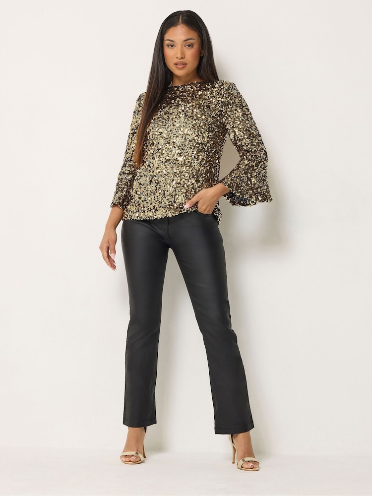 M&Co Gold Petite Sequin Flute Top - Image 2 of 6 M&Co Gold Petite Sequin Flute Top - Image 2 of 6