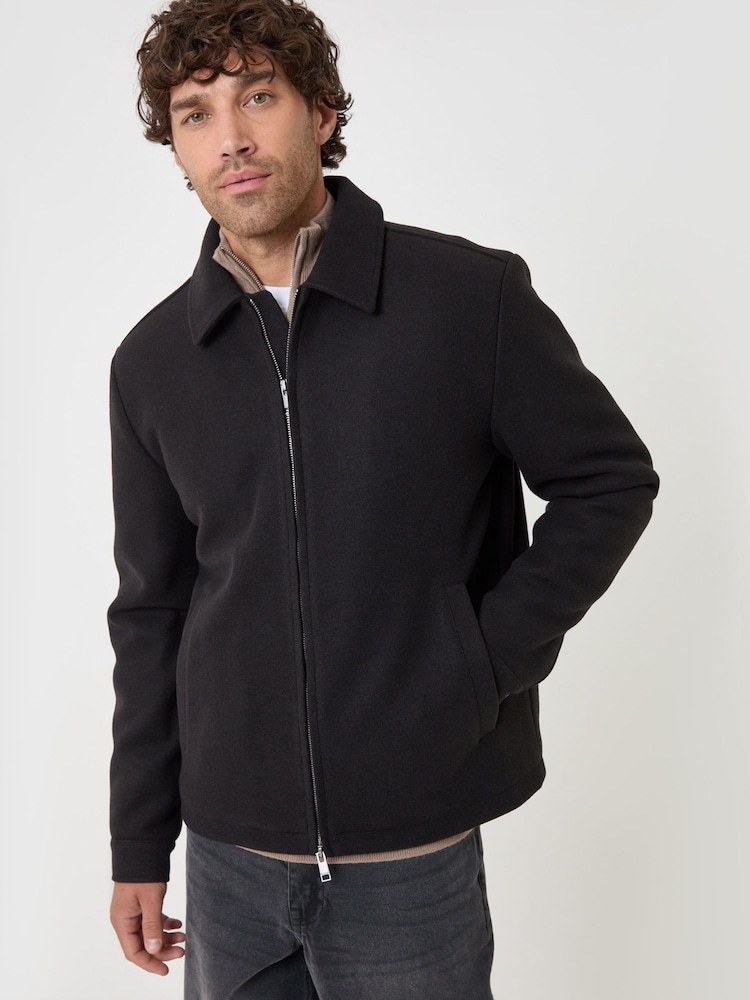 Threadbare Black Faux Wool Lightweight Collared Jacket - Image 1 of 5 Threadbare Black Faux Wool Lightweight Collared Jacket - Image 1 of 5
