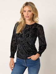M&Co Black Petite Baroque Devoré Long Sleeve Top - Image 1 of 6
