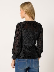 M&Co Black Petite Baroque Devoré Long Sleeve Top - Image 3 of 6