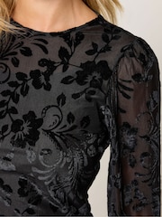 M&Co Black Petite Baroque Devoré Long Sleeve Top - Image 4 of 6